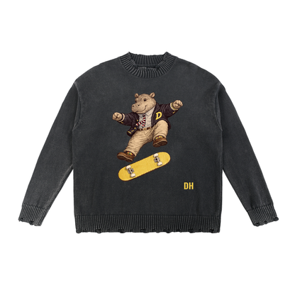 DOAP Hippo Skateboard Hand-Frayed Sweater