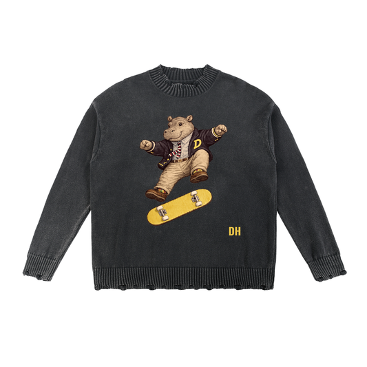 DOAP Hippo Skateboard Hand-Frayed Sweater