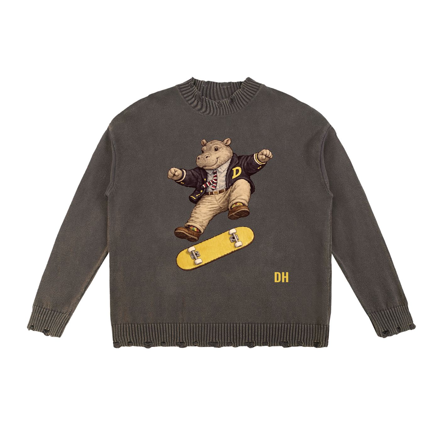 DOAP Hippo Skateboard Hand-Frayed Sweater