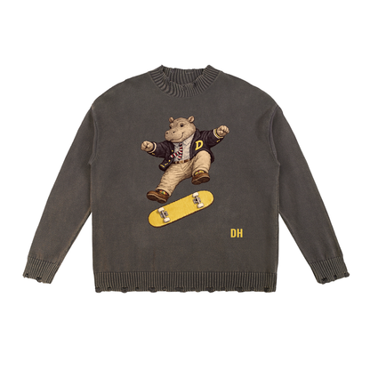 DOAP Hippo Skateboard Hand-Frayed Sweater